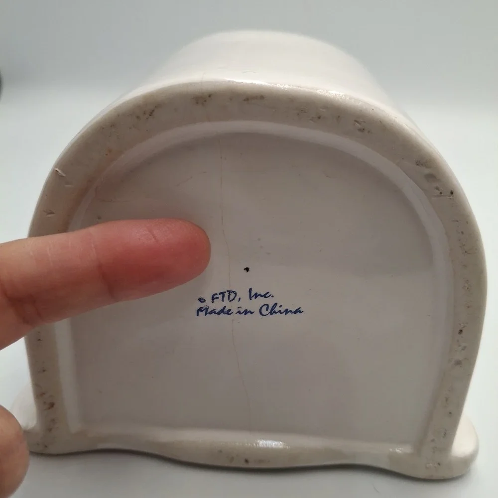FTD Ceramic Butterfly Picture Frame Planter White Blue Floral Oval Opening Vtg